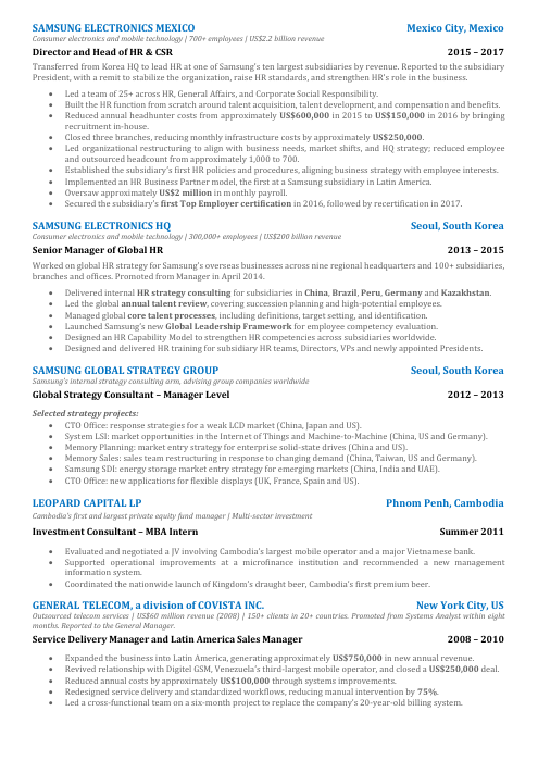Full-page CV sample showing Alex Ruiz Lee's experience at Samsung, Leopard Capital and General Telecom. Select to enlarge.